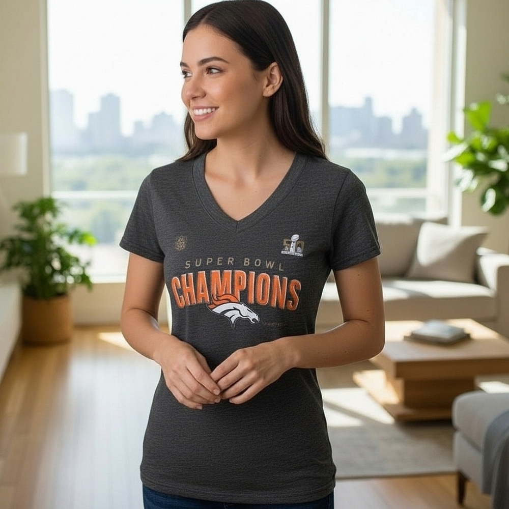 Denver Broncos Super Bowl Champions T-Shirt Women's V-Neck Gray NFL Licensed XS